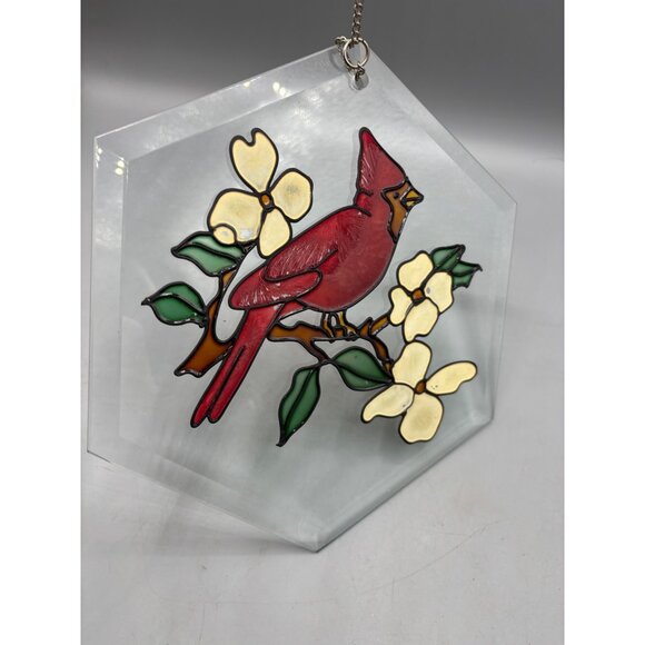 Cardinal Stained Glass Hexagon Sun Catcher With Chain Hanging Display - Picture 2 of 5